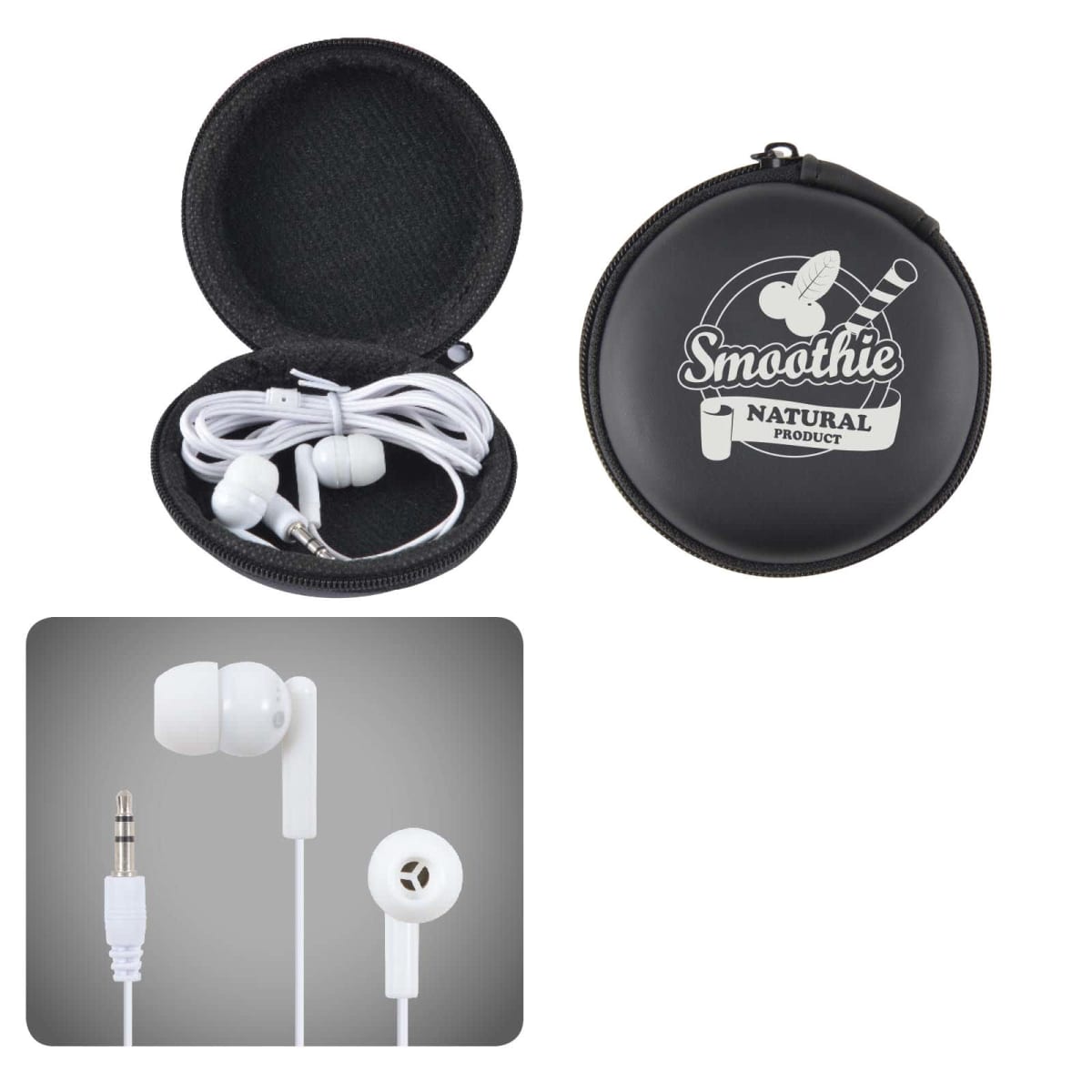 White earbuds with a 3.5mm jack, shown in a circular black zippered case labeled Smoothie Natural Product. The case is open, displaying the coiled earbuds inside. Below, theres a close-up of an earbud and the jack.