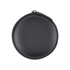 A round, black zippered carrying case is pictured. It has a smooth surface and appears small, designed for compact storage, possibly for small electronics or accessories.