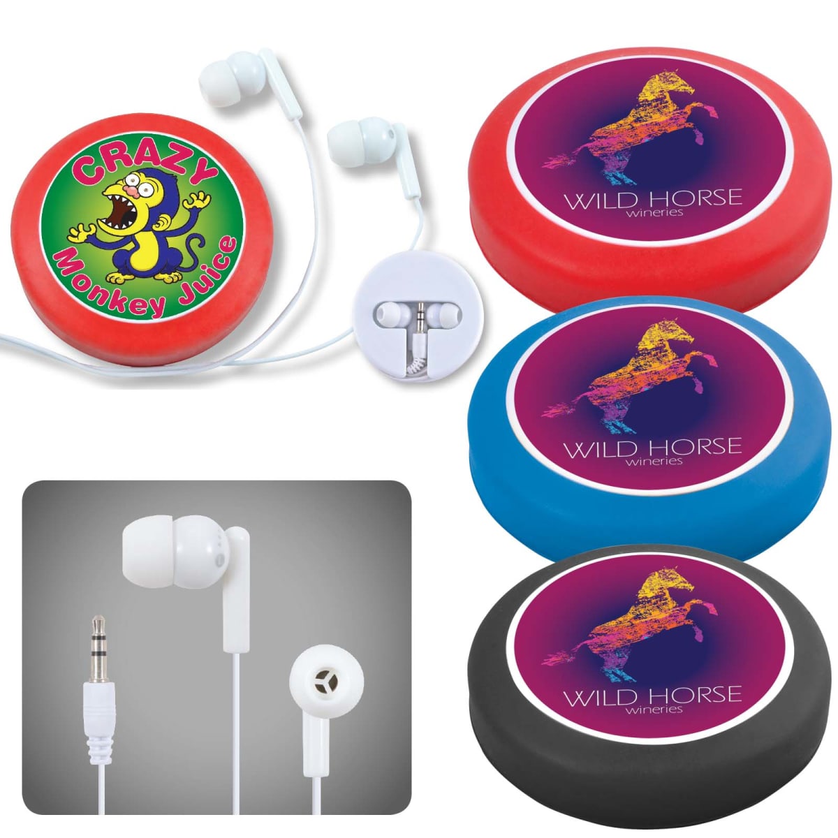 Earbuds with white cord and buds shown in a set of images. They come in round cases in red, blue, and black with branding. One case displays CRAZY Monkey Juice and the others say WILD HORSE WINERIES featuring a colorful horse graphic.
