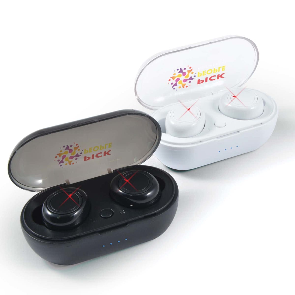 Two sets of wireless earbuds with charging cases are displayed. One case is black, the other white. Both have transparent lids and LED indicators. The black pair has red lights, and both lids show a colorful, abstract logo branded on top.