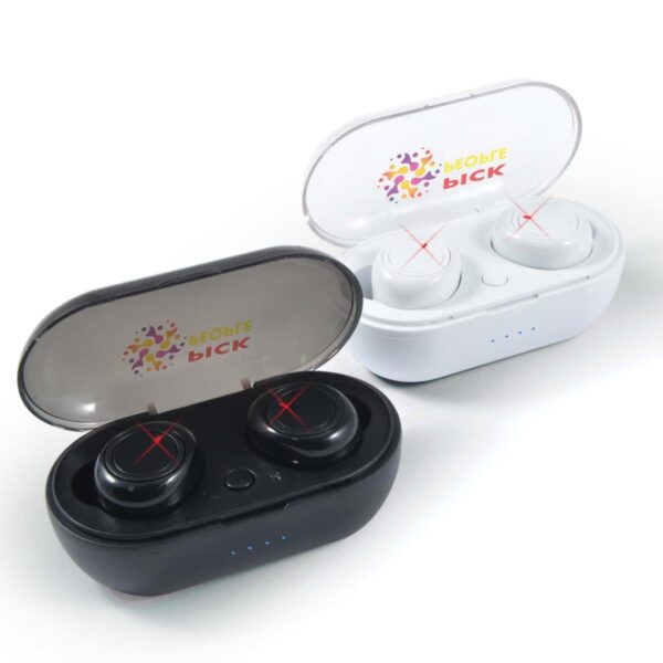 Two wireless earbud pairs, one black and one white, are displayed in their respective charging cases. Both cases have transparent lids and display LED indicators. The logo BeoBeo Bick is printed on the lids.
