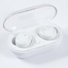 A pair of white wireless earbuds sit in an open charging case. The case has a transparent lid and features a single button and LED indicators on the front. The earbuds have a simple, round design.