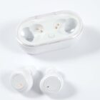 A pair of white wireless earbuds is placed in front of an open white charging case on a white background. The earbuds have a simple circular design with small indicator lights. The cases interior shows charging pins.