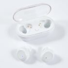 A pair of white wireless earbuds with a matching charging case, shown open. The earbuds have simple, circular designs with small LED indicators. The case has two compartments for the earbuds and a button on the front.