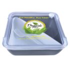 Reusable black lunch container with a clear lid, featuring a green and yellow Organic Food logo with leaves. Text reads Eat Healthy, Buy Fresh and lists a phone number and website: www.organicfood.com.au.