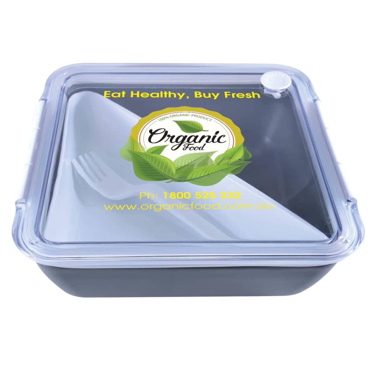 Reusable black lunch container with a clear lid, featuring a green and yellow Organic Food logo with leaves. Text reads Eat Healthy, Buy Fresh and lists a phone number and website: www.organicfood.com.au.
