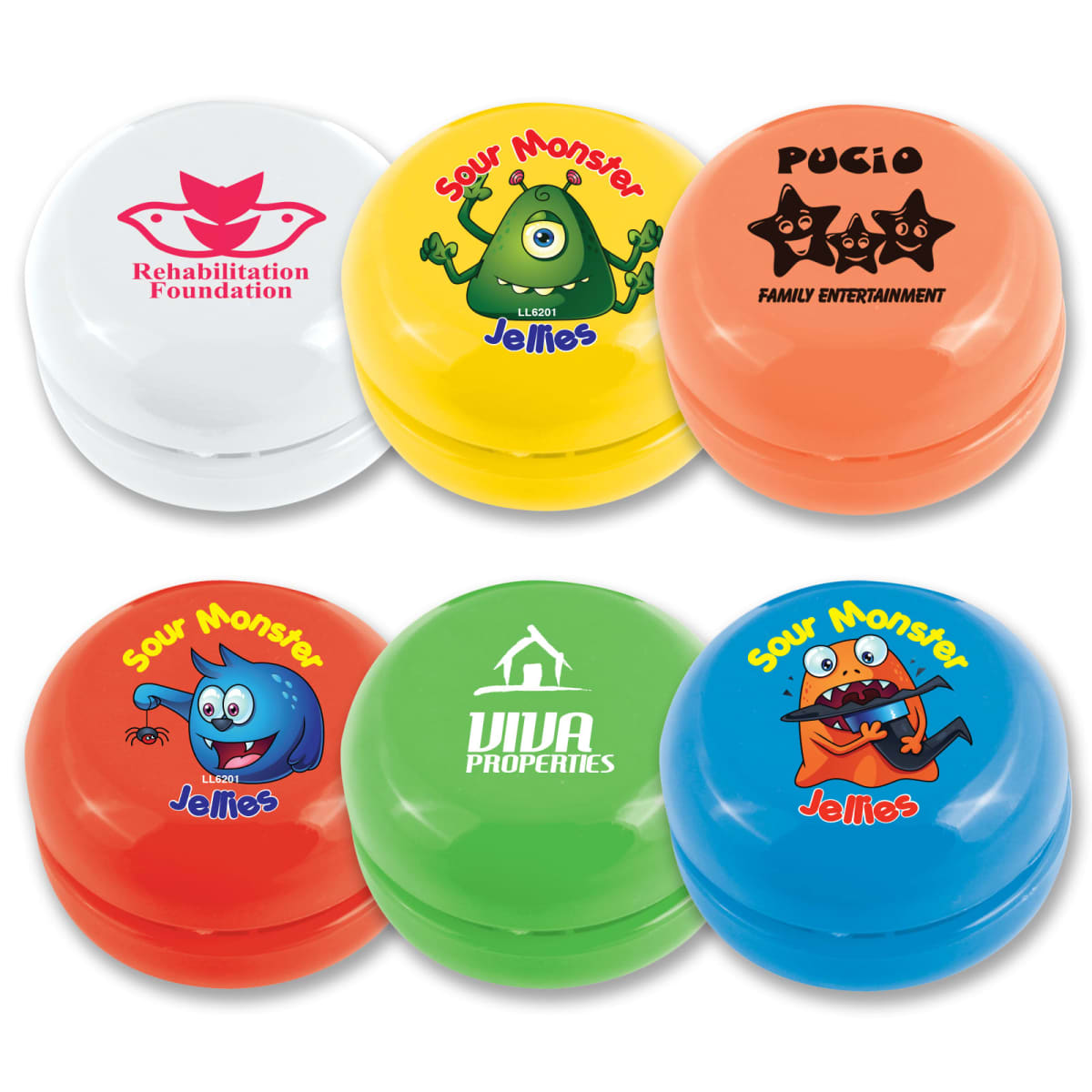 Collection of colorful yo-yos featuring various designs: logos of Rehabilitation Foundation and Viva Properties, and playful cartoon monsters labeled Sour Monster Jellies. Includes white, orange, red, green, blue, and orange yo-yos.