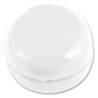 A smooth, glossy, round, white object resembling a closed container or compact mirror. The surface reflects light, creating subtle highlights. The object is set against a plain white background.