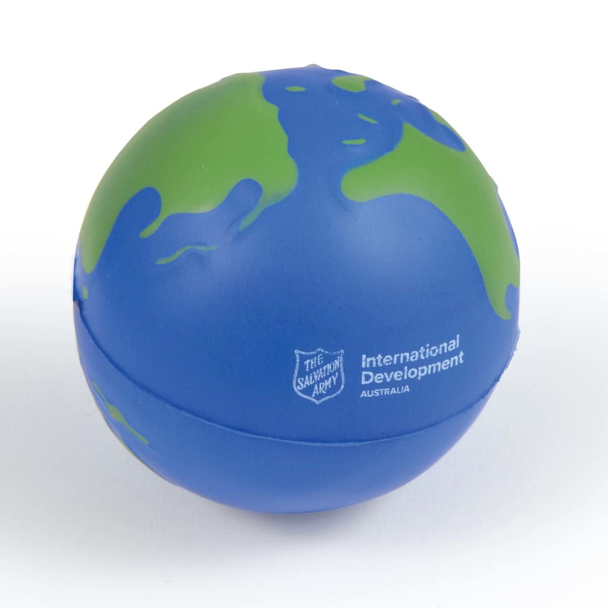 A blue and green stress ball designed to look like Earth. It features the logo of The Salvation Army and the words International Development Australia.
