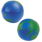 Two stress balls designed to resemble the Earth. They are spherical with blue oceans and green continents, depicting a globe-like appearance.