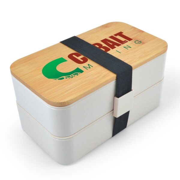 A rectangular bento box with a wooden lid featuring a colorful logo. The box is secured with a black elastic strap.