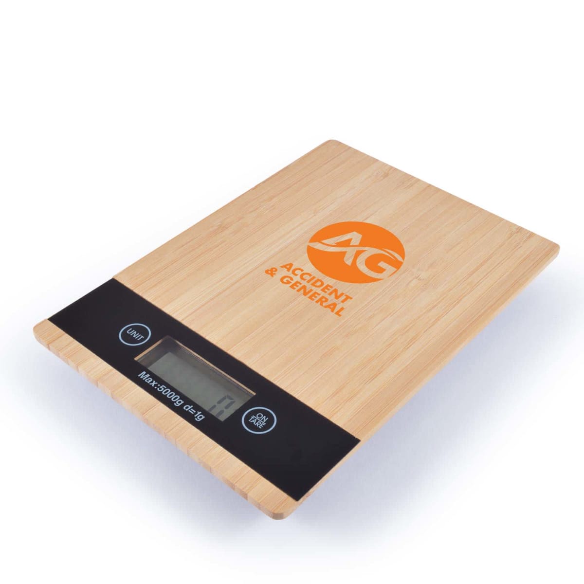 Digital kitchen scale with a wooden finish and ACCIDENT & GENERAL logo on top. It features a small LCD display and buttons labeled UNIT and ON/OFF on the front panel.
