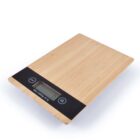 A digital kitchen scale with a bamboo surface and a rectangular design, featuring a small LCD screen and two black buttons on the front panel. The display appears to be set to zero.