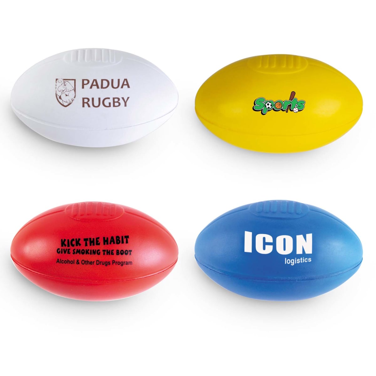 Four small promotional rugby balls in different colors: white with Padua Rugby and a logo, yellow with Sports, red with Kick the Habit slogan, and blue with ICON logistics.