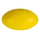 Yellow, oval-shaped toy football with a textured surface and a seam along the center, placed on a white background.