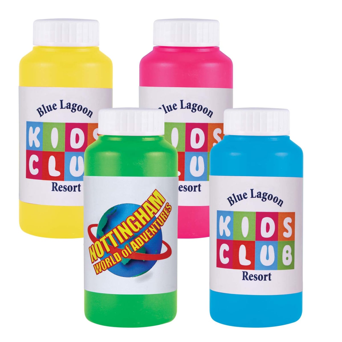 Four colorful bottles are displayed: yellow, pink, green, and blue. Each bottle has a label reading Blue Lagoon Kids Club Resort. The green bottle also features a Nottingham World of Adventures logo.