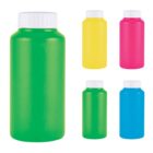 Five bright plastic bottles with white lids are displayed: one large green bottle on the left and four smaller bottles in yellow, pink, blue, and green on the right.