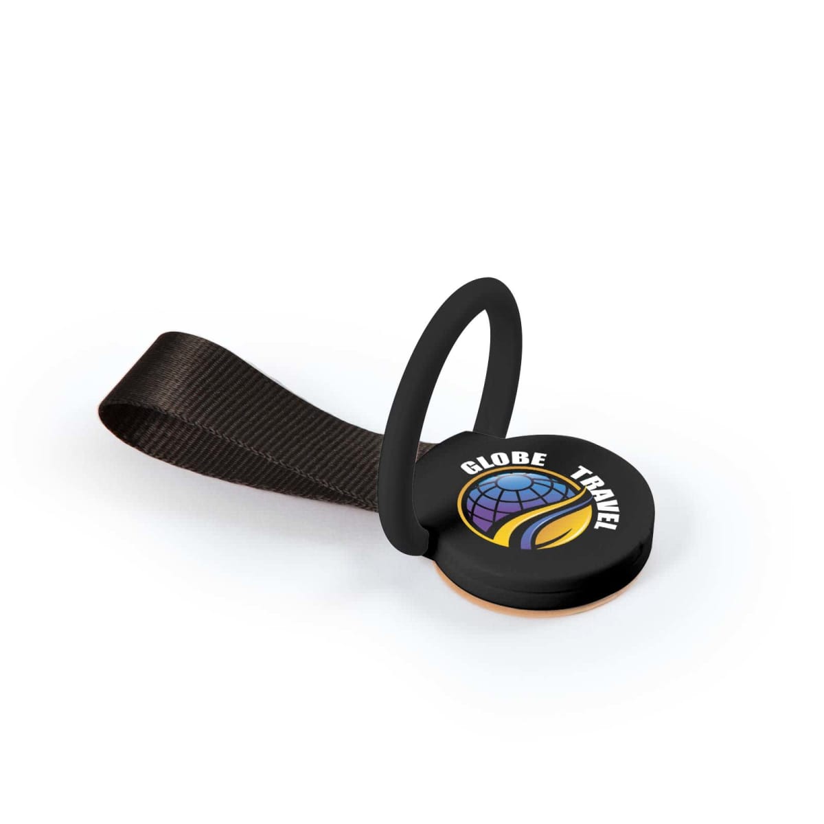 A round, black travel tag with a looped strap lies on a white surface. The tag displays a logo featuring a globe and leaf design, accompanied by the words GLOBE TRAVEL.