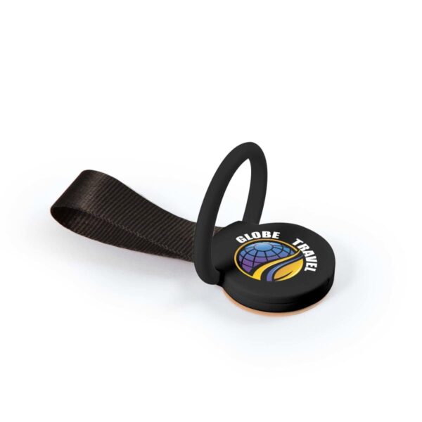 Black round promotional keychain with Globe Travel logo and text in white. The logo features a globe and a yellow wave. The keychain has a black loop strap attached.