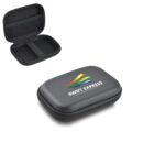 A black zippered carrying case with a colorful logo saying Swift Express on the lid. The case is shown closed in the foreground and open in the top left corner, displaying mesh pockets inside.