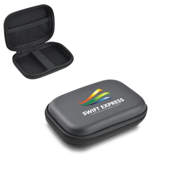 A zippered black hard case with a colorful logo and SWIFT EXPRESS printed on top. It features a mesh pocket and elastic straps inside, suitable for storing small items.