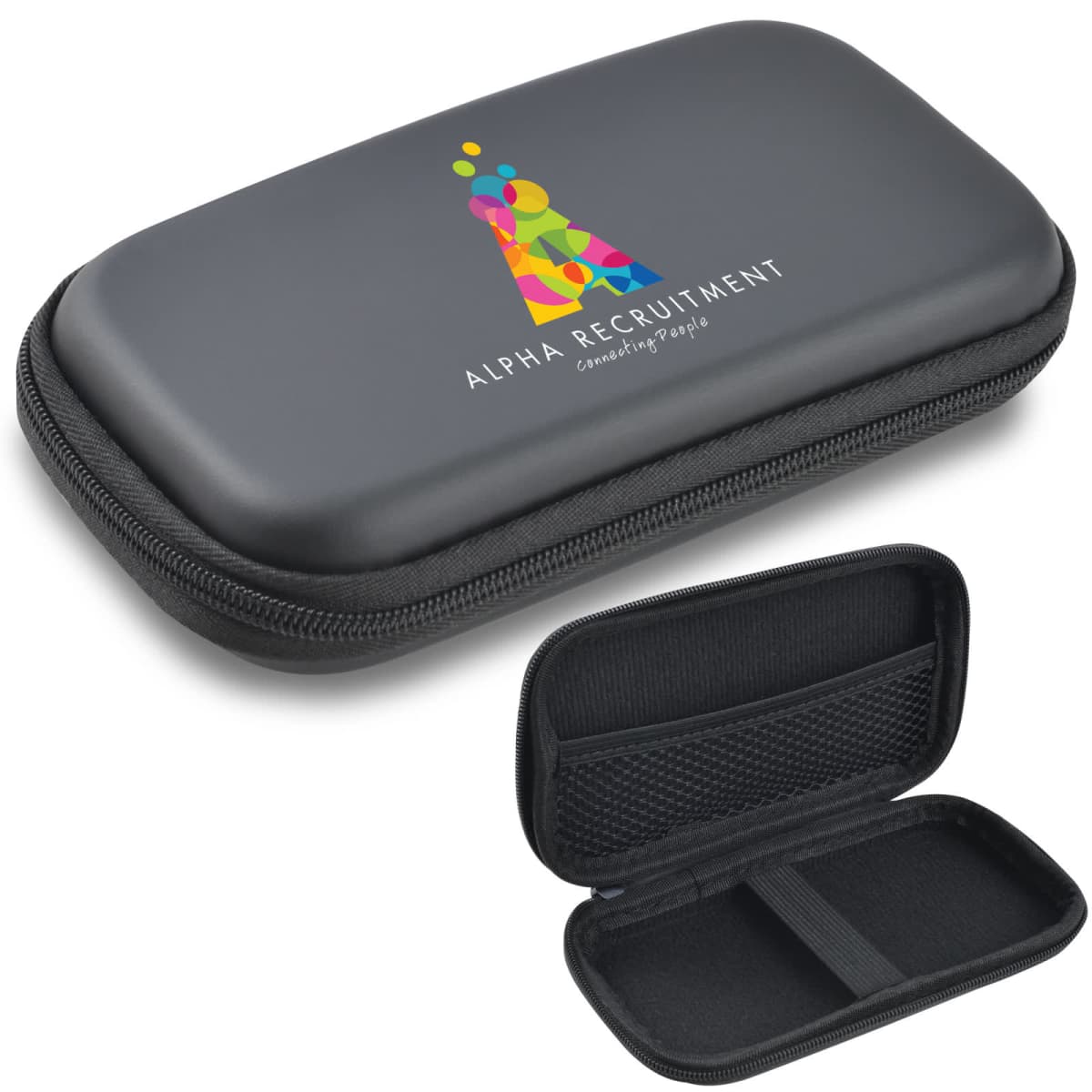 Black zippered carrying case with a colorful abstract logo and Alpha Recruitment Connecting People text. Below, the case is open, showing an inner mesh pocket and compartment.