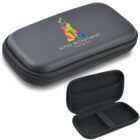 A gray zippered pouch with a colorful abstract design and the text Alpha Recruitment Connecting People on the front. The open pouch below reveals a divided interior, suitable for organizing small items.