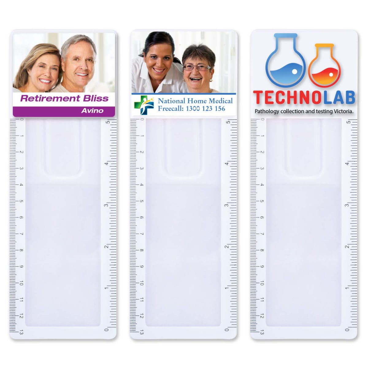 Three magnifying bookmarks with rulers on the sides. The left bookmark features an elderly couple with Retirement Bliss text. The middle one has two women in medical attire with National Home Medical text. The right bookmark shows Technolab logo with test tubes.