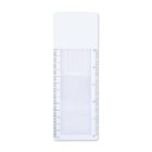 A transparent plastic magnifying ruler with a white handle at the top. The ruler features measurement markings in centimeters along the left edge, with a central magnifying section to enlarge text or objects beneath.
