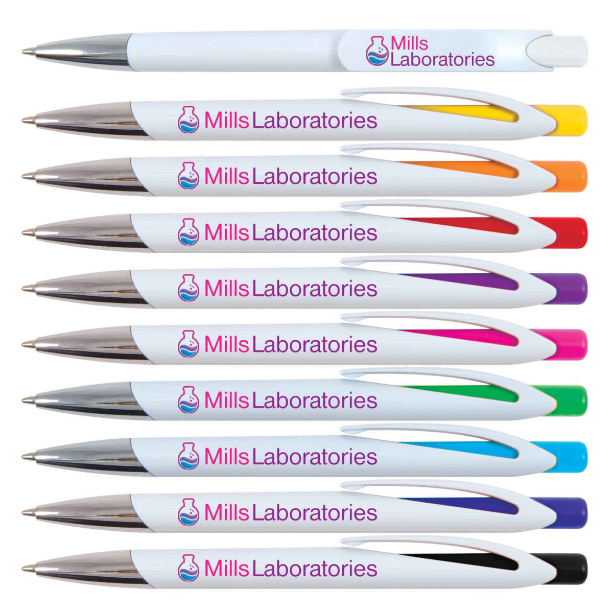 A set of ten white ballpoint pens with black ink, each having a different colored clip: yellow, orange, red, burgundy, purple, pink, blue, green, teal, and brown. All pens are branded with Mills Laboratories in purple and pink.
