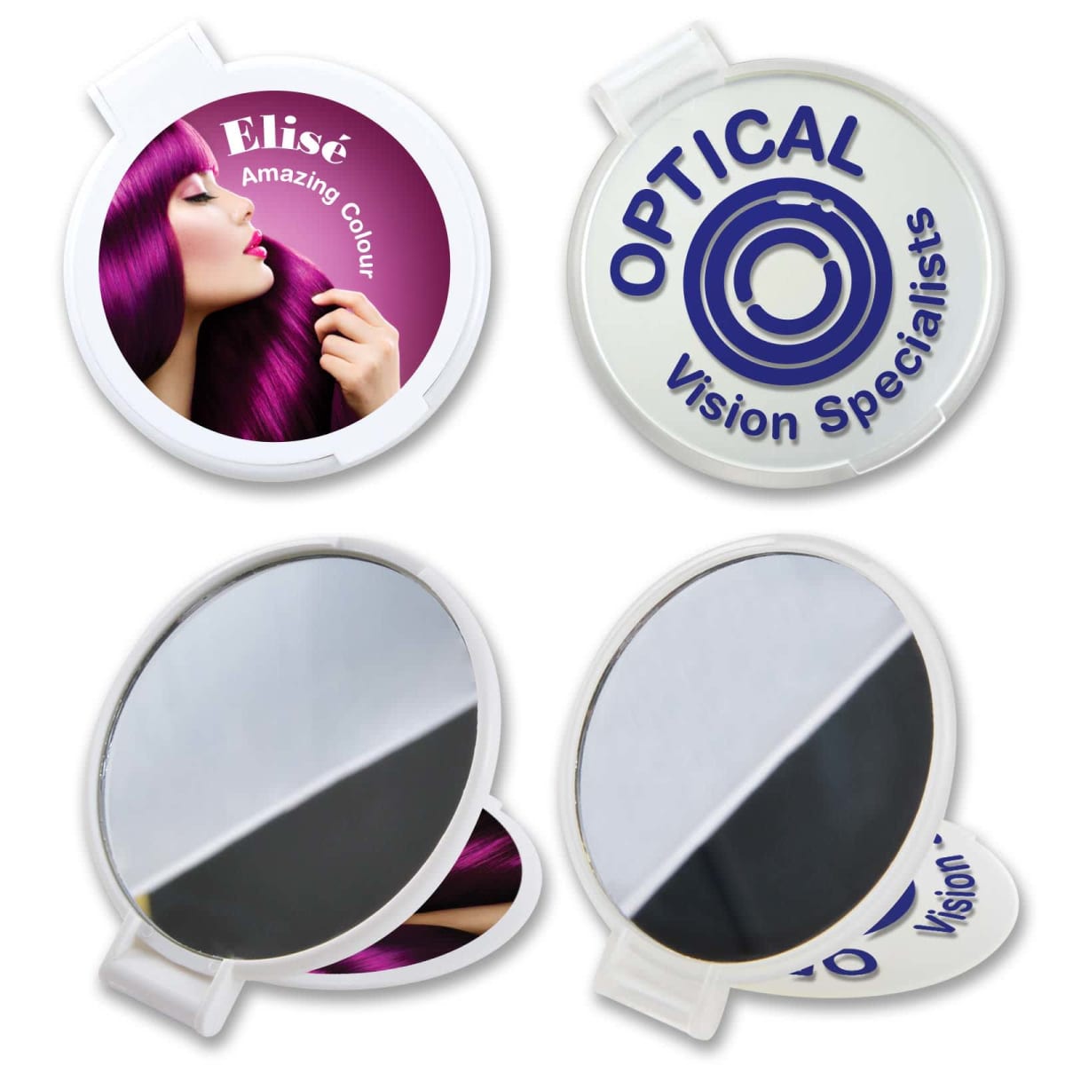 Four round pocket mirrors: one with a purple-haired woman and Elisé Amazing Colour text, and one with OPTICAL Vision Specialists logo. Both mirrors are open, showing reflective surfaces.