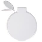 A compact circular mirror with a white cover. The mirror is open, revealing a reflective surface on one side, and a smaller folded mirror is visible in the top left, positioned slightly open.