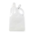 A white, flexible foldable water bottle with a spout cap and a carrying handle. It has a metal carabiner clip attached to a reinforced hole, suitable for attaching to bags or belts.