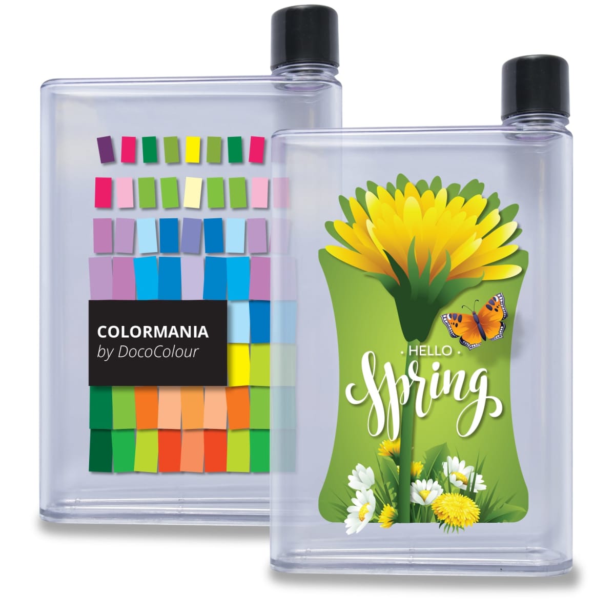 Two rectangular clear water bottles with black caps. One bottle has colorful square designs and COLORMANIA by DocoColour text, the other features a yellow flower, daisies, a butterfly, and HELLO Spring text.