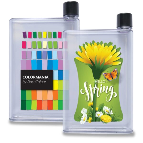 Two translucent water bottles, one with colorful squares and the text COLORMANIA by DocoColour, and the other with a yellow flower, the text HELLO Spring, and a butterfly. Both have black caps and a square shape.