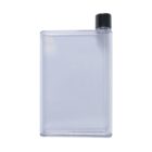 A rectangular, transparent plastic bottle with a black screw cap positioned at the top right corner. The bottle is empty and standing upright against a plain white background.