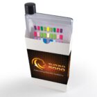 A slim, rectangular-shaped water bottle is partially inserted into a white paper sleeve with a logo and the text Turbo 5000 Delivering Quality Systems. The bottle cap is black, and the front sleeve has a colorful, striped design.