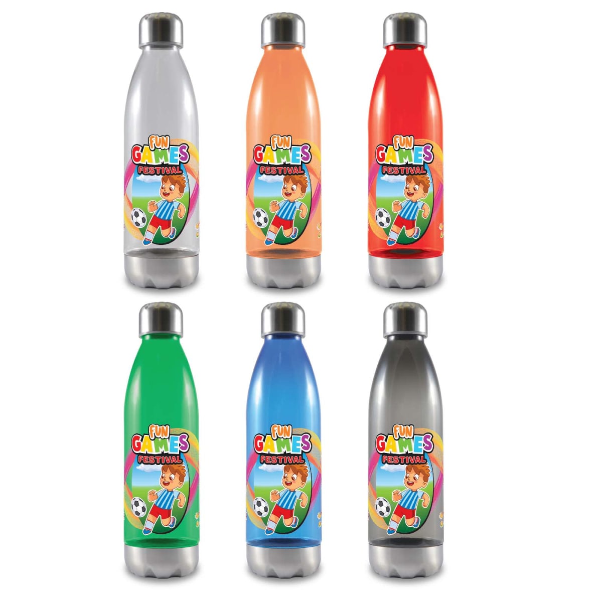 Six colorful water bottles with shiny caps, each labeled Fun Games Festival featuring soccer ball and rainbow graphics. Colors are gray, orange, red, green, blue, and another gray, arranged in two rows of three.