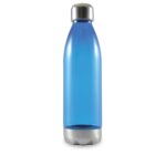 A blue, insulated stainless steel water bottle with a silver cap and base, standing upright on a white background.