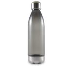 A sleek, matte black stainless steel water bottle with a shiny silver cap stands upright. The bottle has a smooth, cylindrical shape with a rounded top and a flat, slightly textured base.