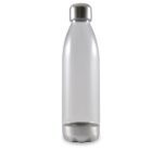 A transparent bottle with a shiny silver cap and base. The sides are smooth and cylindrical, tapering slightly toward the top. The bottle appears empty and well-polished against a white background.