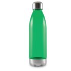 A green insulated water bottle with a stainless steel screw cap and base stands upright against a white background.