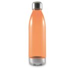 A transparent orange water bottle with a silver, metallic screw-on cap and base, displayed against a white background. The bottle has a sleek, cylindrical shape.