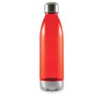 A sleek red water bottle with a stainless steel cap and base is standing upright against a plain white background.