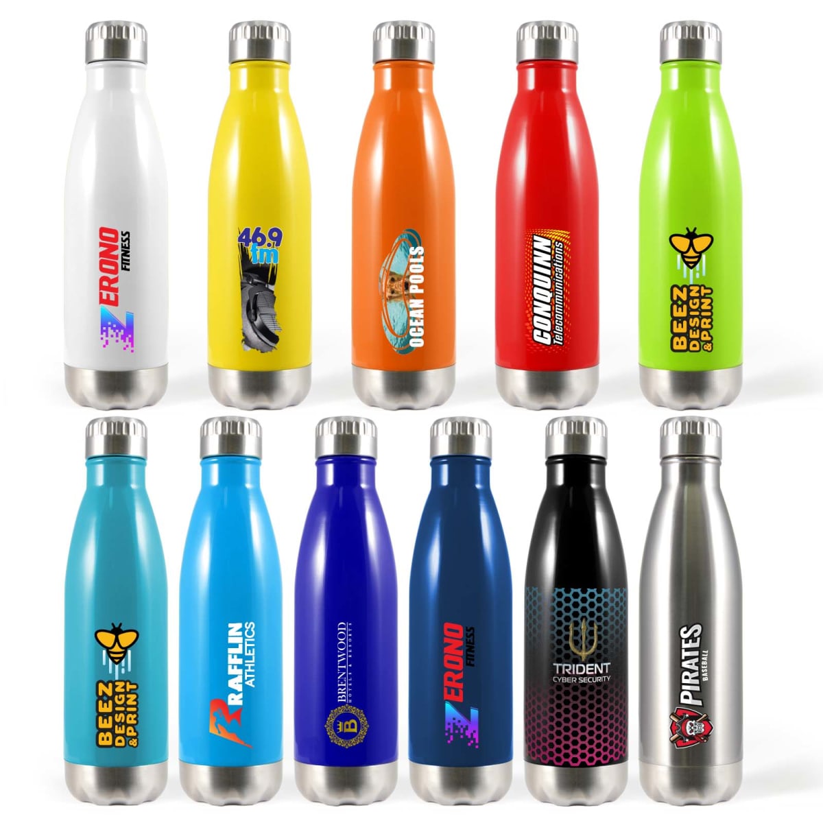 Twelve colorful insulated water bottles with various logos and designs. Each bottle has a silver cap and base, featuring brands like BRONX DRINKS, PIRATES, and TRIDENT. The bottles are arranged in two rows.