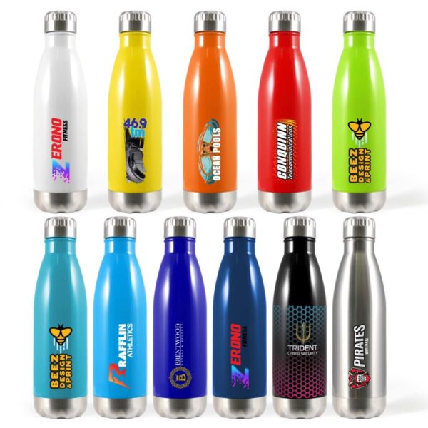 A collection of twelve colorful insulated water bottles with various brand logos and designs on them. They are arranged in two rows, showcasing a variety of colors, including white, orange, blue, red, and green.