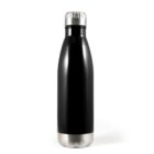 A black stainless steel water bottle with a silver screw-on lid, standing upright on a white background.