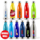 A display of twelve colorful insulated water bottles with various logos and text designs. The bottles are arranged in two rows, showcasing different color combinations including white, orange, green, red, blue, black, and silver. A Double Wall label is shown.