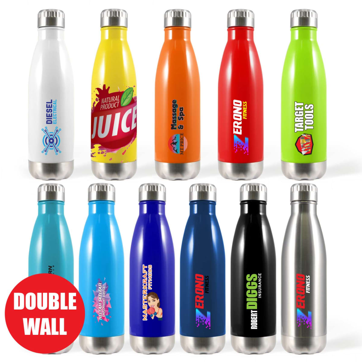 A display of twelve colorful insulated water bottles with various logos and text designs. The bottles are arranged in two rows, showcasing different color combinations including white, orange, green, red, blue, black, and silver. A Double Wall label is shown.