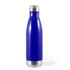 A blue stainless steel water bottle with a silver cap and base, standing upright against a white background.